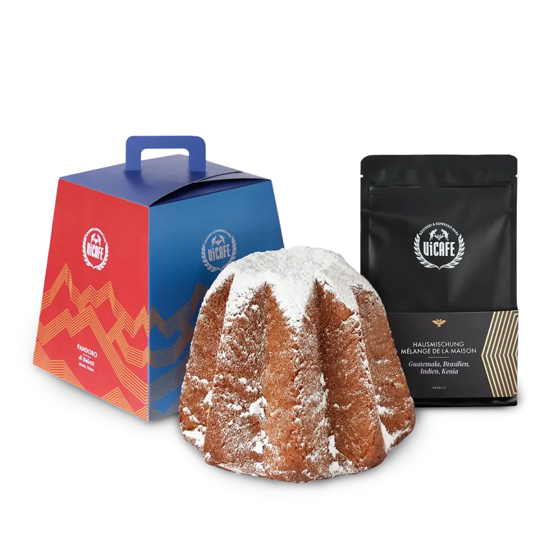 ViCAFE Pandoro mit Geschenkbox und Hausmischung Kaffee in schwarzer Packung