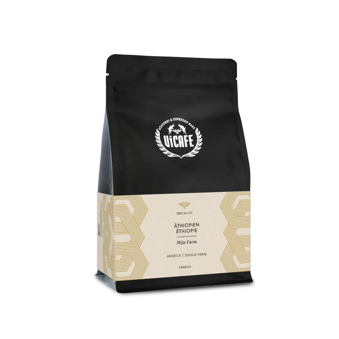 ViCAFE Aethiopien Miju Farm Spezialitätenkaffee Microlot in schwarzer Packung mit beigem Etikett