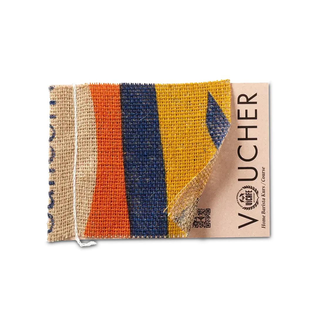 ViCAFE Home Barista Kurs Gutschein mit buntem Jutesack-Design und ViCAFE Logo