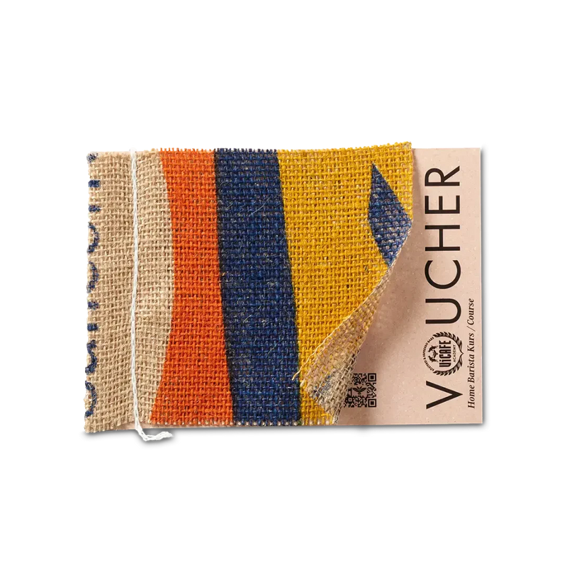 ViCAFE Home Barista Kurs Gutschein mit buntem Jutesack-Design und ViCAFE Logo