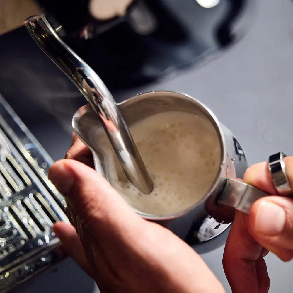 Milch wird mit Dampflanze aufgeschäumt – Training für perfekten Milchschaum im Latte Art Kurs der ViCAFE Academy