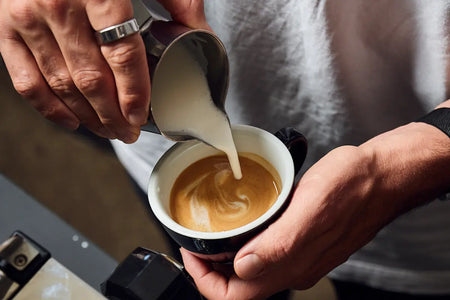Milchschaum wird in Espresso gegossen – praktisches Training im Latte Art Kurs der ViCAFE Academy für Specialty Coffee